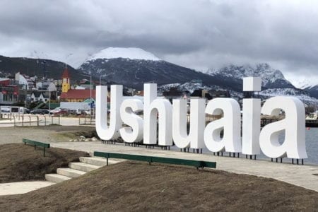 Ushuaia Sign and Harbor, Ushuaia, Argentina