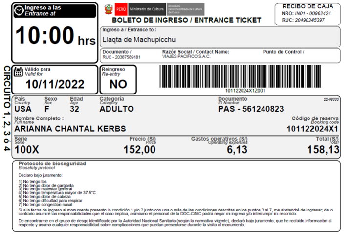 Machu Picchu Entrance Ticket